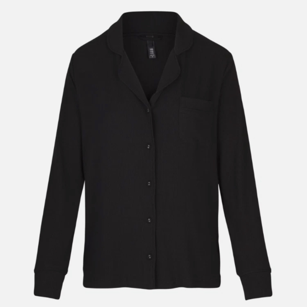 NWT SKIMS Ribbed Long Sleeve Button Up Onyx Pajama Shirt